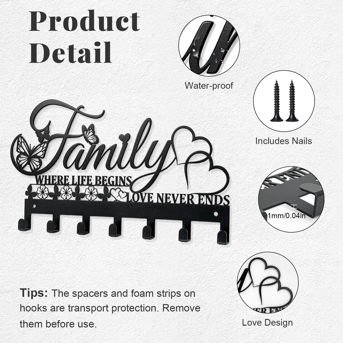 Keys Holder on Wall, Decorative Metal Hanger with 7 Hooks, Black