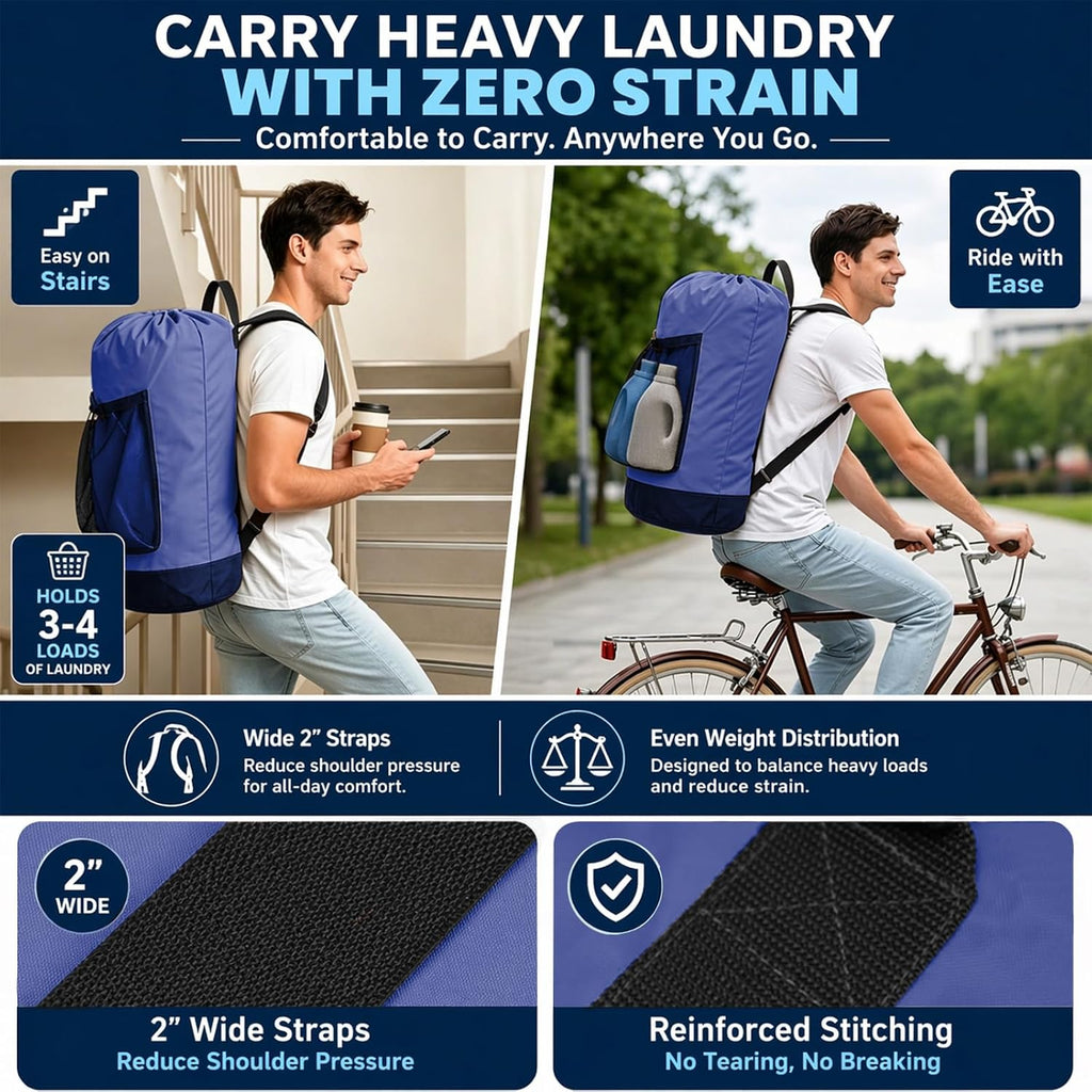 Backpack Laundry Bag, Durable polyster Laundry Backpack Bag with Shoulder Straps, Drawstring Closure & Mesh Pocket, Large Clothes Hamper for Dorm, Travel, Laundromat (Blue)