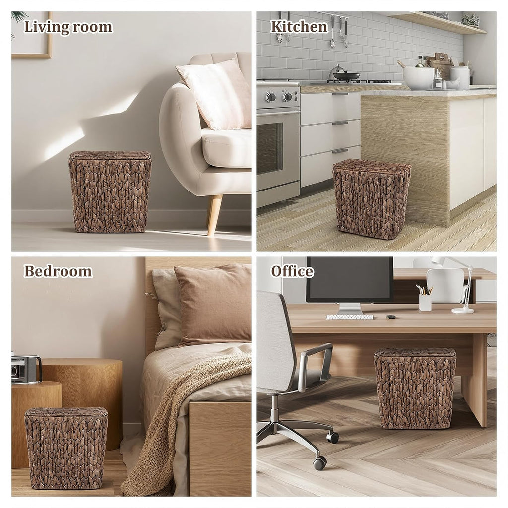 Wicker Trash Can with Lid and Liner, Handwoven Wicker Waste Basket, Water Hyacinth Bathroom Trash Can, Boho Rattan Garbage Wastebasket for Bedroom Home Living Room Office, 2.5 Gallon, Espresso
