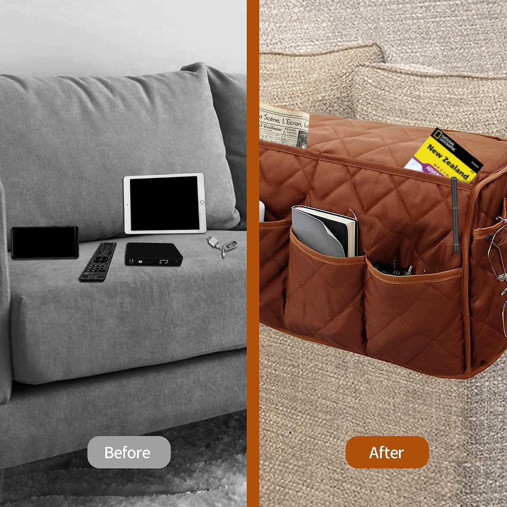 MEHIDFY Armchair Caddy, Waterproof Sofa Armrest Organizer, Non Slip Recliner Organizer, Remote Holder for Recline, Recliner Caddy with 14 Pockets Storage for TV Remote, Phone, Magazine(brownish+grey)