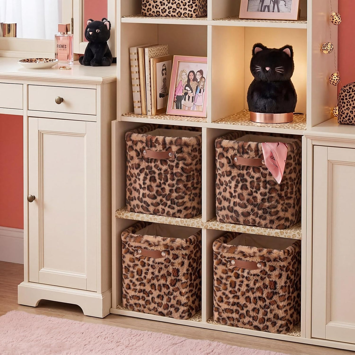 FoldTier 4 Pcs Brown Leopard Print Faux Fur Storage Cubes Bins 11"