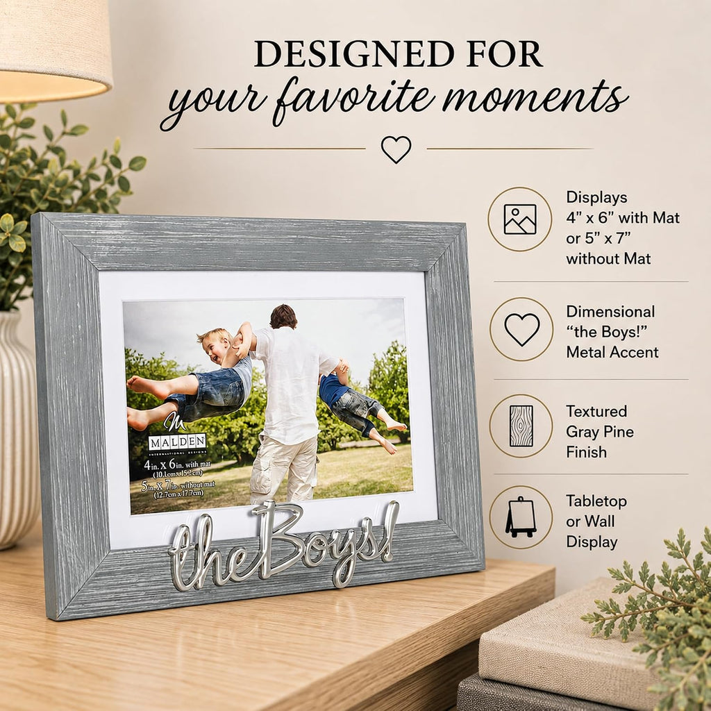 Malden The Boys 4x6 or 5x7 Picture Frame, Gray Pine with Silver Accent