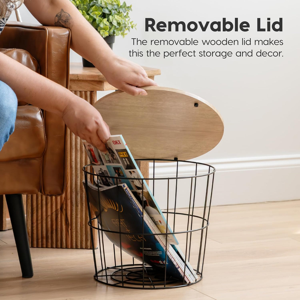 IRIS USA Round Wire Basket with Wooden Lid, 2 Pack
