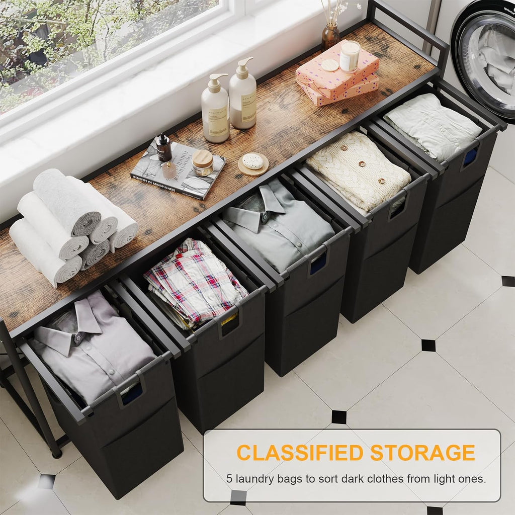 5 Bin Laundry Hamper w/Folding Table, Laundry Basket w/Removable Bags