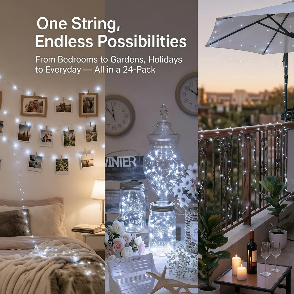 24 Pack Battery Operated Fairy Lights - 6.6ft 20 LED Silver Copper Wire String Lights, Waterproof Mini Starry Lights for DIY Centerpieces, Mason Jars, Wedding, Christmas, Bedroom Decor (Cool White)