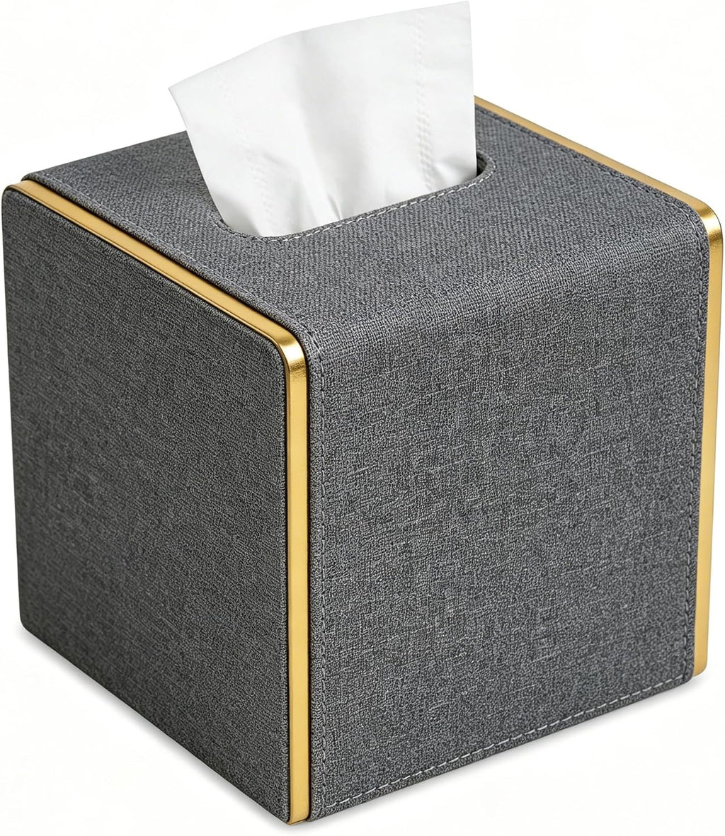 PU Leather Square Tissue Box Cover, Linen Tissue Box Holder with Magnetic Closure, Decorative Modern Cube Tissue Box for Bathroom Vanity Countertop Bedroom Office Desk (Gray)