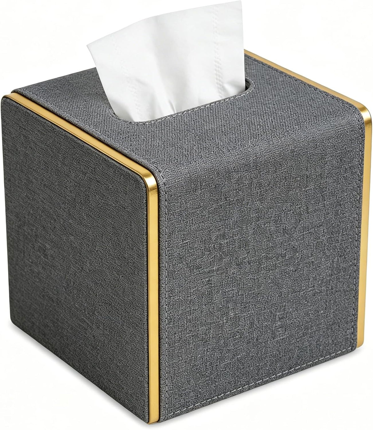 PU Leather Square Tissue Box Cover, Linen Tissue Box Holder with Magnetic Closure, Decorative Modern Cube Tissue Box for Bathroom Vanity Countertop Bedroom Office Desk (Gray)