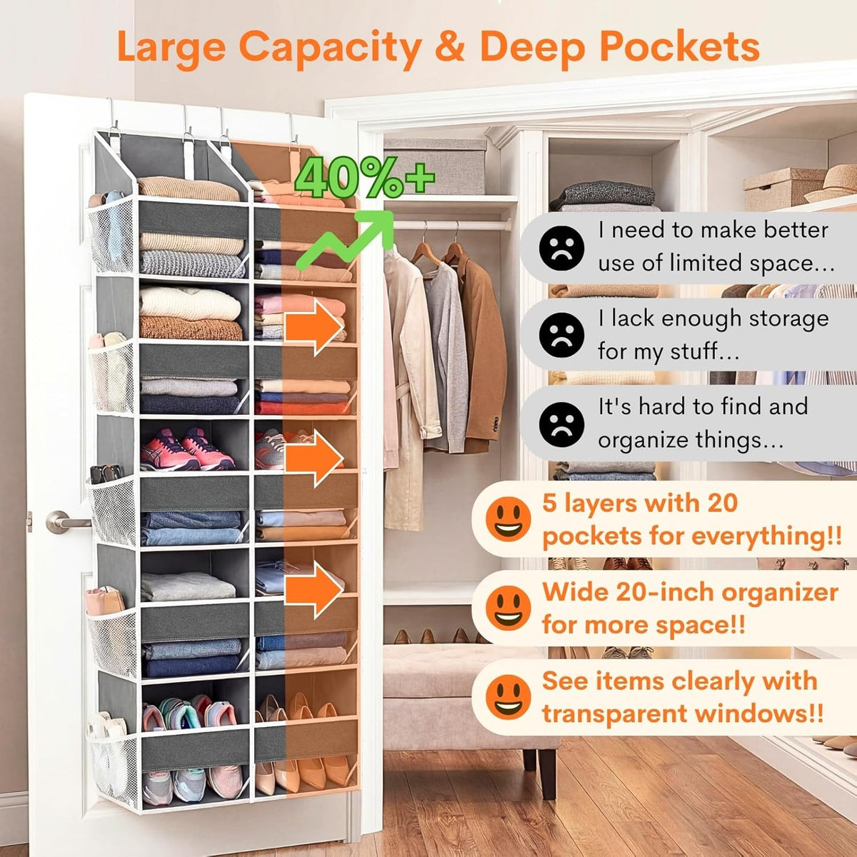 2 Pack Over the Door Organizer 5 Tiers, Extra Large Behind Door Storage of 10 Compartments, 80 lbs Weight Capacity Over Door Organizer, Door Hanging Organizer for Closet, Diaper Organizer,Room storage