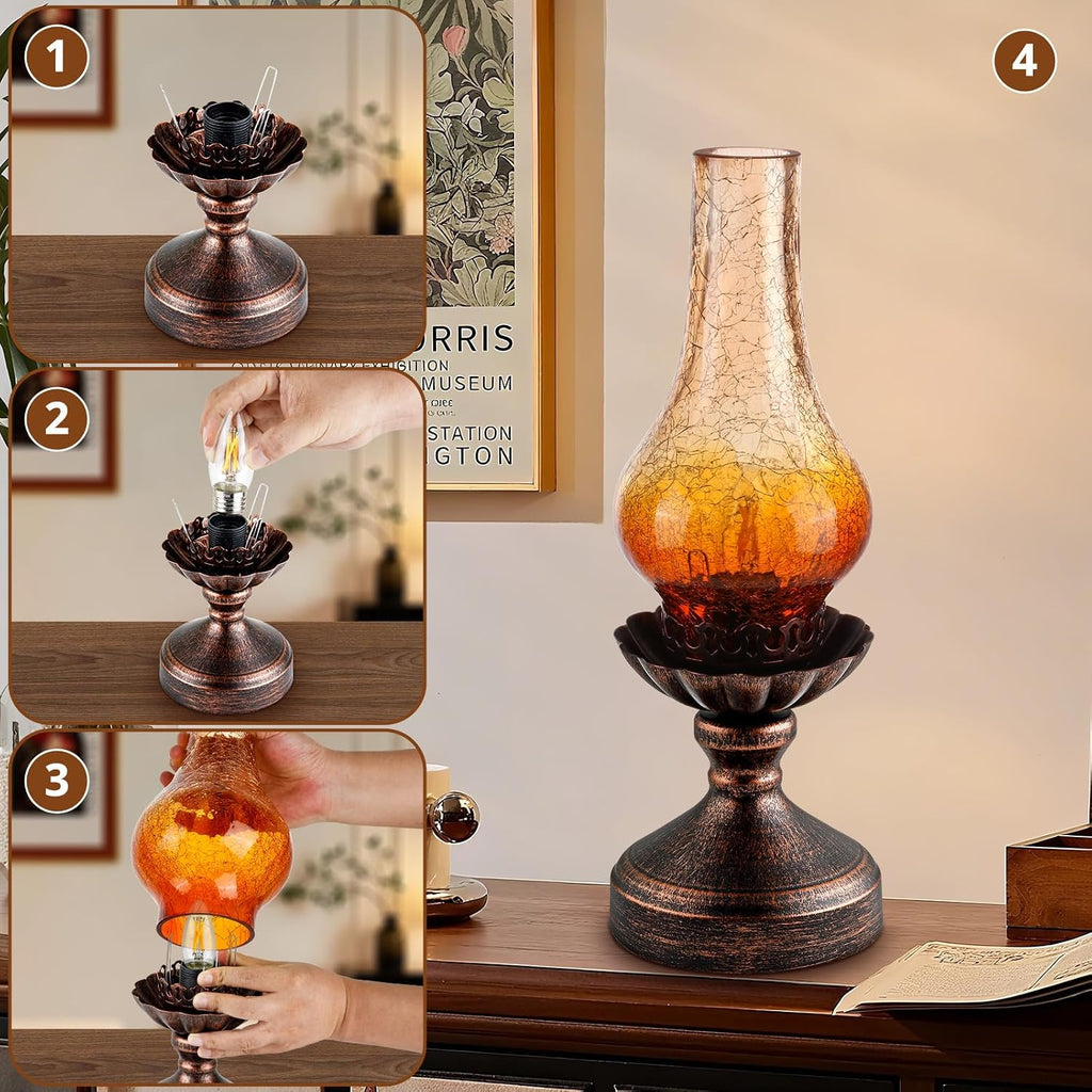 Vintage Table Lamp with Amber Gradient Crackle Glass Shade,Touch Control & 3-Way Dimmable Rustic Retro Farmhouse Bedside Lamp for Bedroom, Living Room, Cabin, Office (2700K LED Candle Bulb Included)