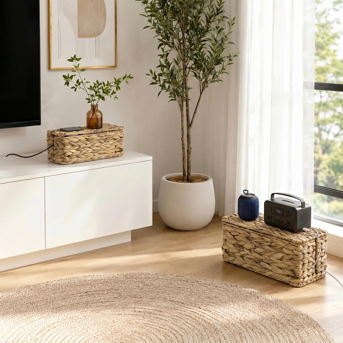 2 Pack Handwoven Cable Management Box with Lid, Decorative Cord Organizer for Power Strips, Chargers, TV Wires, Desk, Home & Office Storage, Natural Water Hyacinth