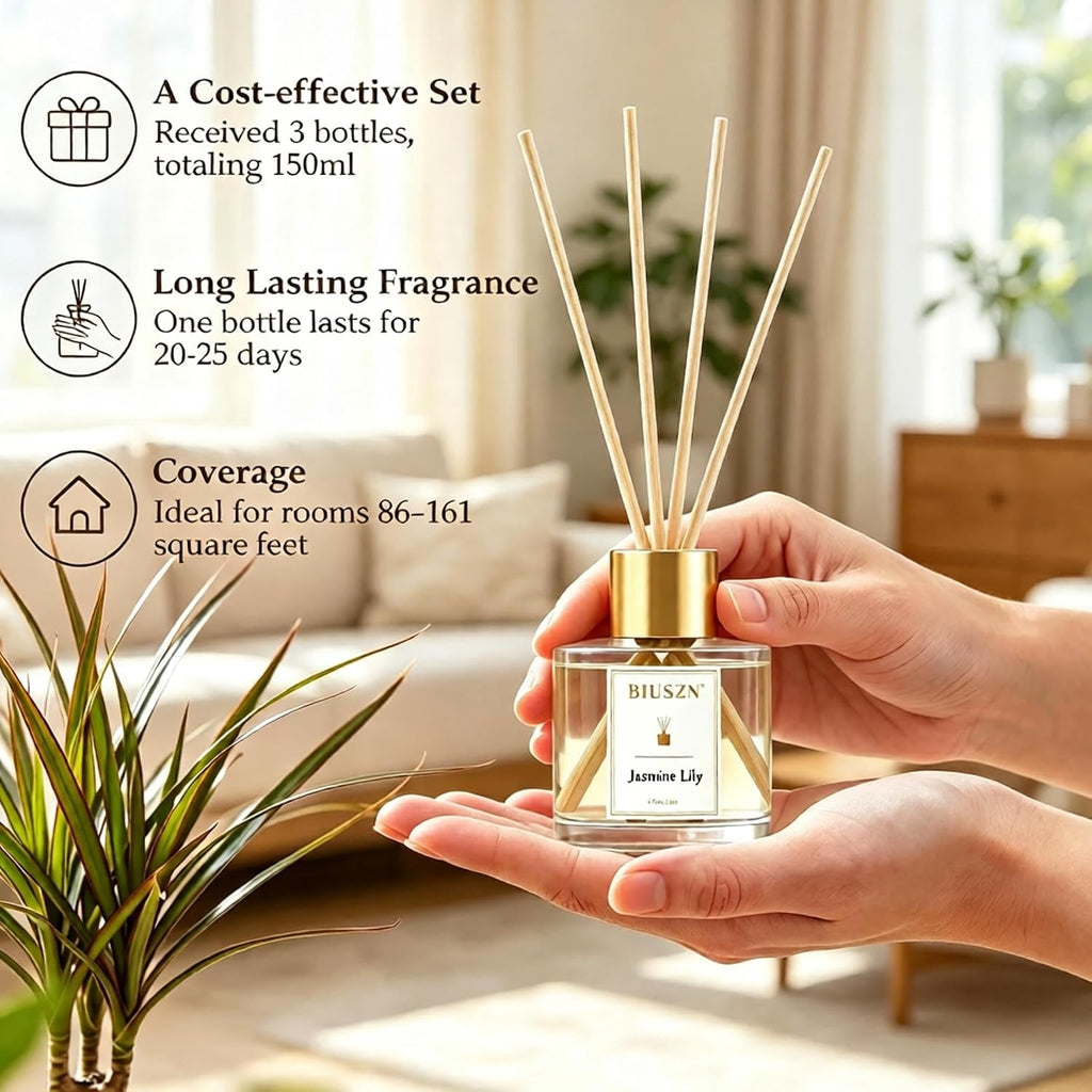 Reed Diffuser Set of 3, 50 ml Jasmine Lily/Citrus/Ocean Sea Salt