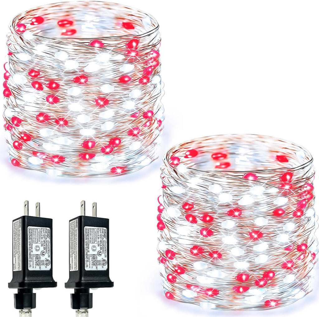 2 Pack Fairy Lights Plug in 99 FT 300 LED Christmas String lights Red White