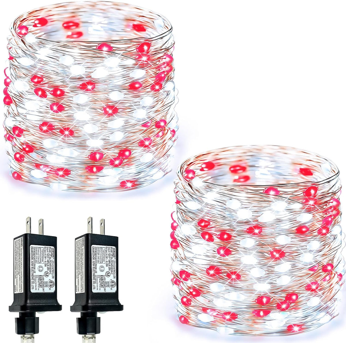 2 Pack Fairy Lights Plug in 99 FT 300 LED Christmas String lights Red White