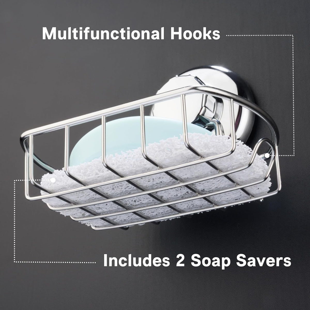 HASKO 2-Pack Suction Cup Soap Holder – Bar Soap Dish for Shower with Hooks for Bathroom – Optional Mounting with Adhesive Tape or Glue – Includes 2 Soap Savers – Polished Stainless Steel SS304