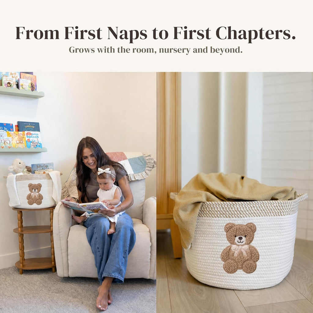 Teddy Bear Baby Storage Basket, Woven Cotton Rope Nursery Bin, 15x11 in