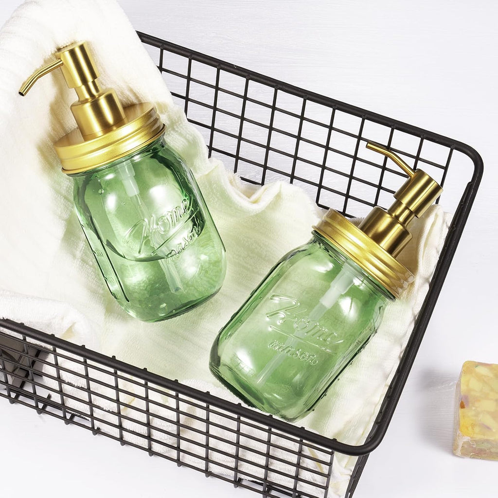 Amolliar Green Glass Mason Jar Liquid Soap Dispenser, 16OZ, Gold 2 Pack