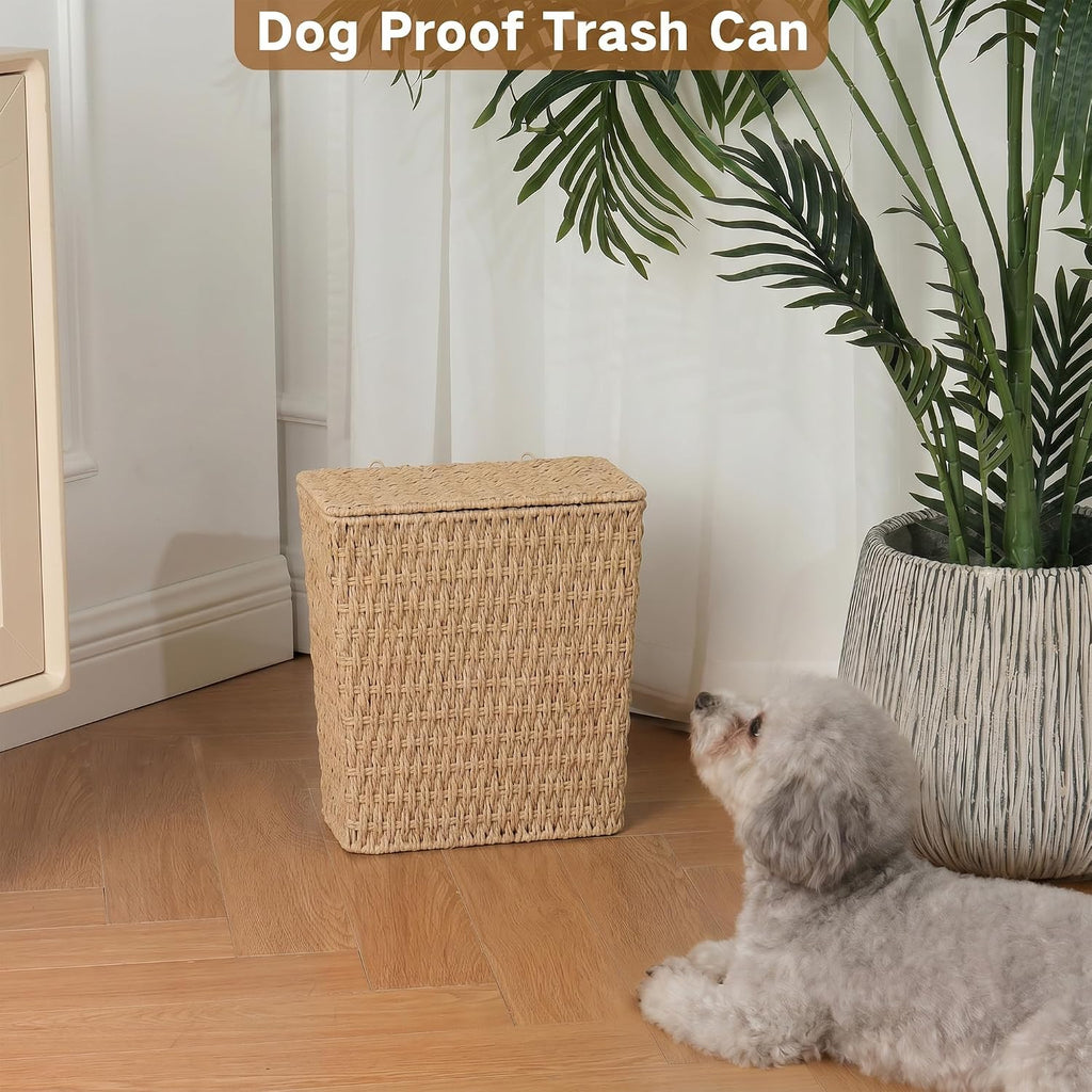 iEGrow Paper Rope Trash Can,Bathroom Trash Can with Lid, 3 Gallon Wicker Waste Basket with Removable Liner, for Bedroom, Living Room, Toilet, Under Sink Natural