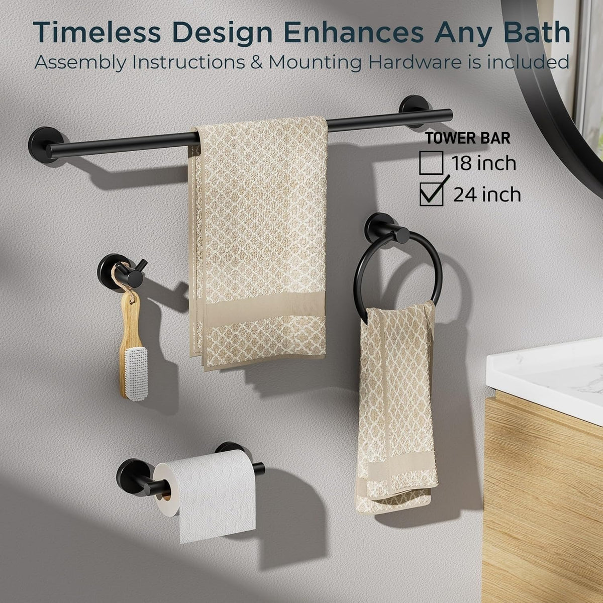 FORIOUS Bathroom Hardware Accessories Set, SUS304 Stainless Steel Towel Bar Set, Modern Towel Racks Holder for Bathroom, Toilet Paper Holder Wall Mounted 4 Pieces(24" Bar, Matte Black) (Pack of 2)