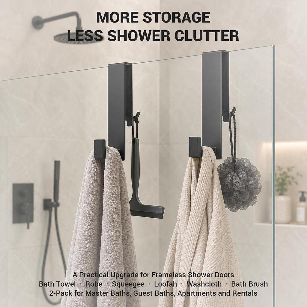 Zidox Shower Door Hooks for Frameless Glass, Double-Sided Over The Glass Towel Hook & Squeegee Holder, Rubber Covered Scratch-Free Bathroom Shower Hooks for Up to 1/2" Door (Matte Black, 2 Pack)