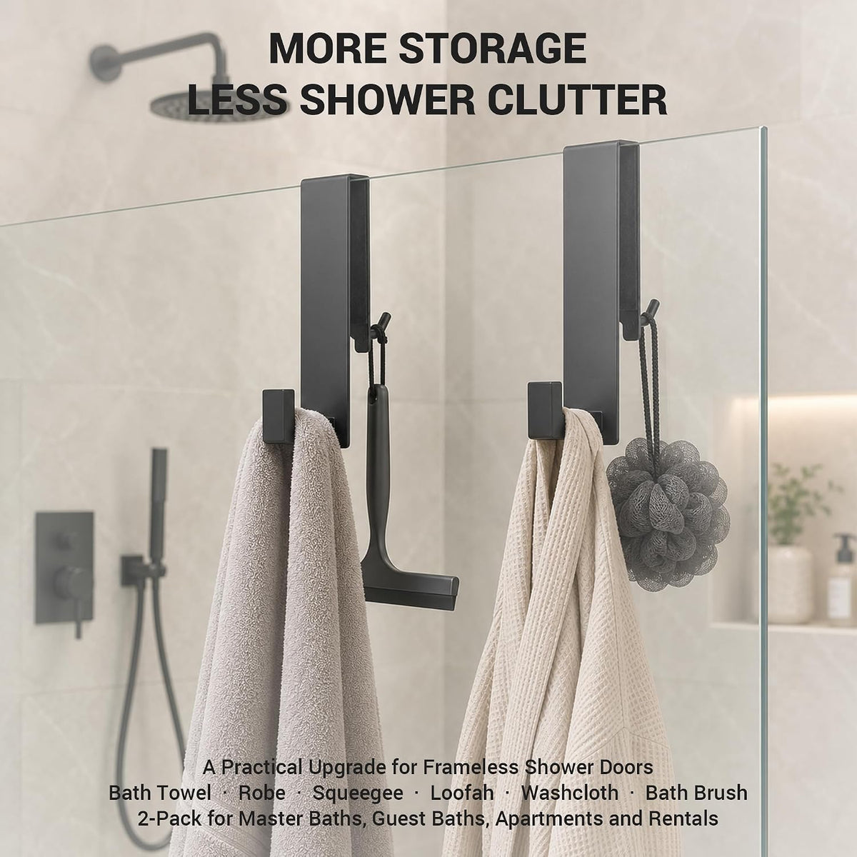 Zidox Shower Door Hooks for Frameless Glass, Double-Sided Over The Glass Towel Hook & Squeegee Holder, Rubber Covered Scratch-Free Bathroom Shower Hooks for Up to 1/2" Door (Matte Black, 2 Pack)