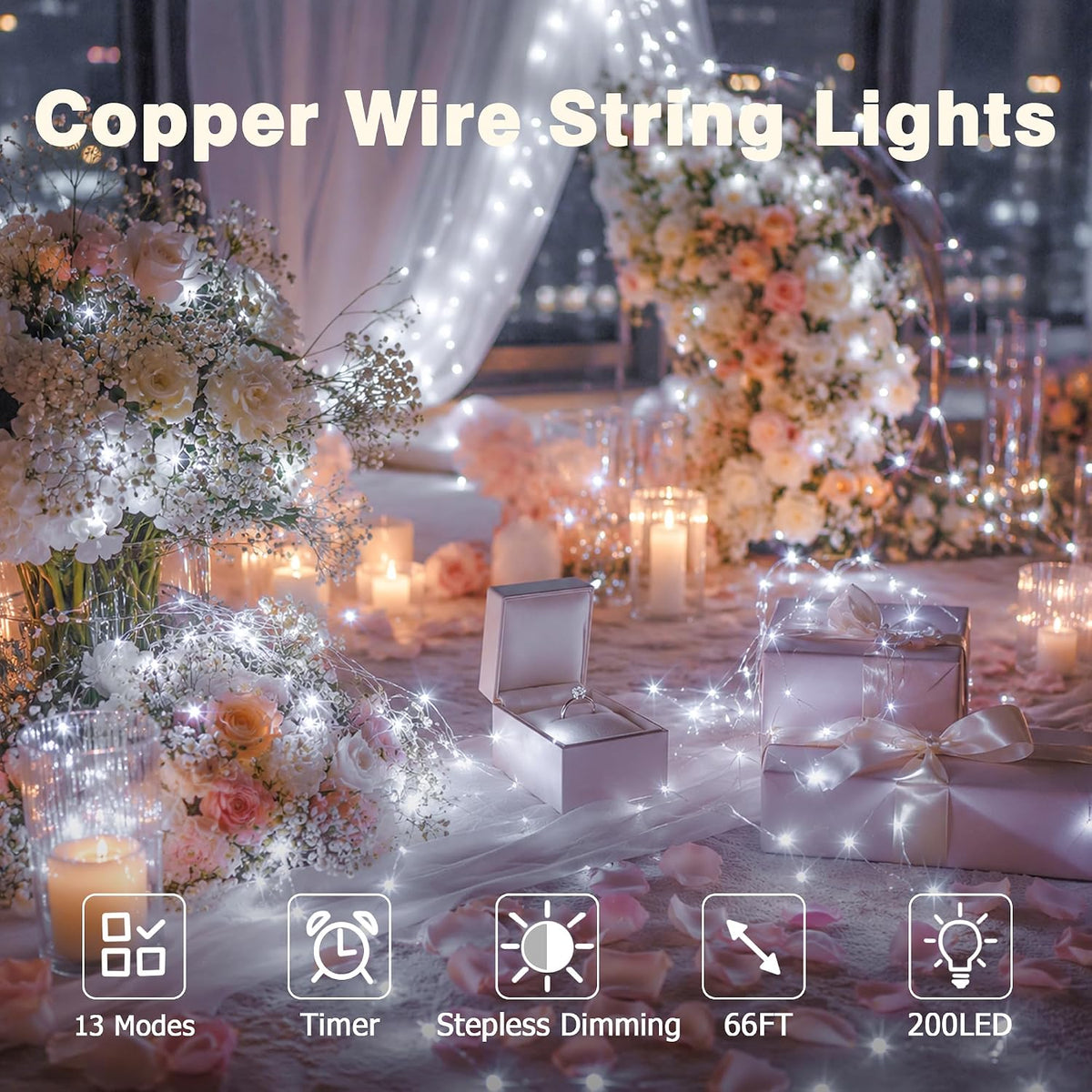 66FT 200 LED Plug in Fairy Lights with 13 Modes & Timer, Cool White