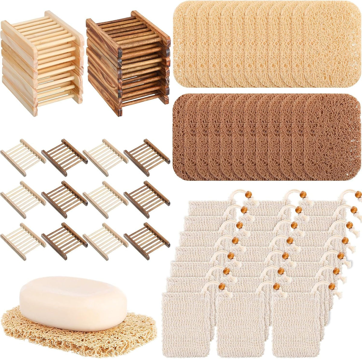 Irenare 90 Pcs Soap Saver Set, Wooden Dish Bar Soap Mesh Bag Pads Bulk