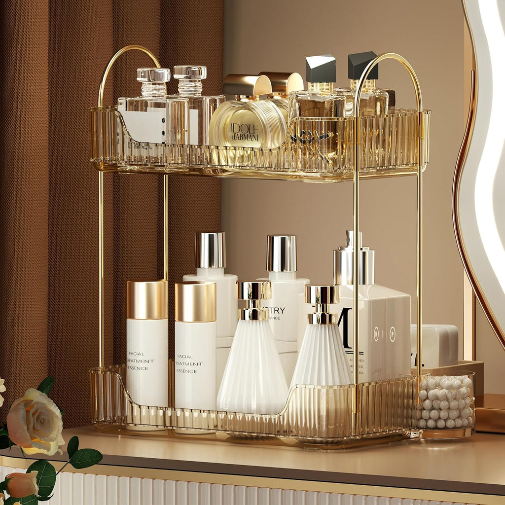 Akinbas 2 Tier Bathroom Organizer Countertop Makeup Perfume Tray Skincare Organizer for Bathroom Dresser Vanity (Gold)