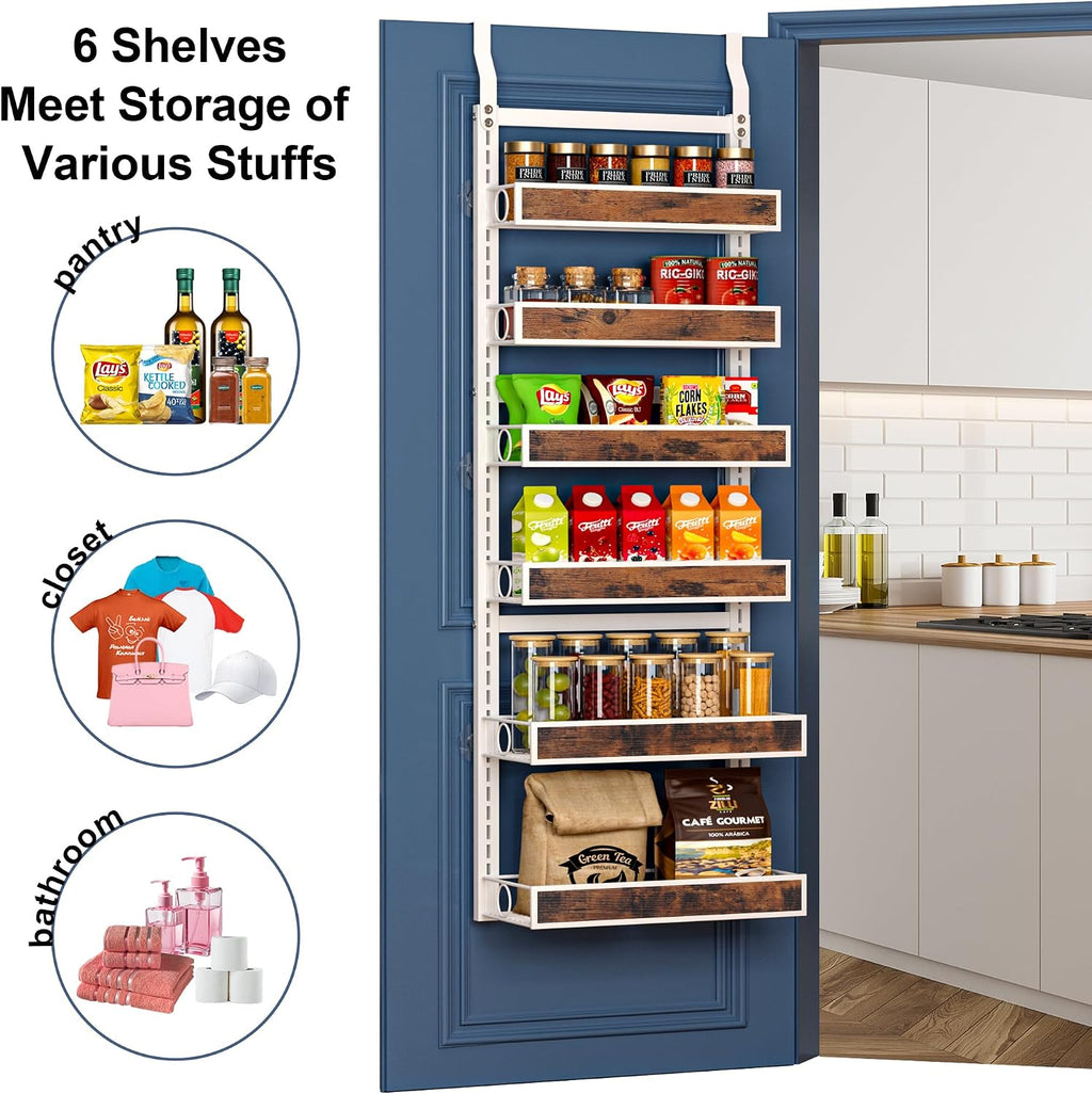 6 Tier Over The Door Pantry Orangizer 2 IN 1 Wall Mounted or Hanging Spice Rack with Adjustable Wood Basket,Heavy Duty Seasoning Storage Shelf for Kitchen Pantry and Bathroom