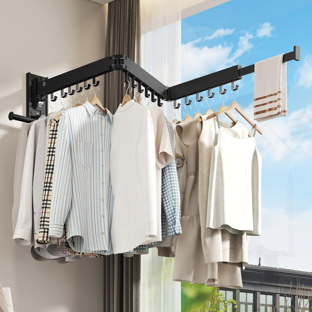 BOQORAD Drying Rack Clothing, Retractable Clothes Drying Rack,Wall Mounted Laundry Rack, Laundry Drying Rack Wall Mount,Collapsible Clothes Rack,can Fold Upward & Left & Right,Black Color
