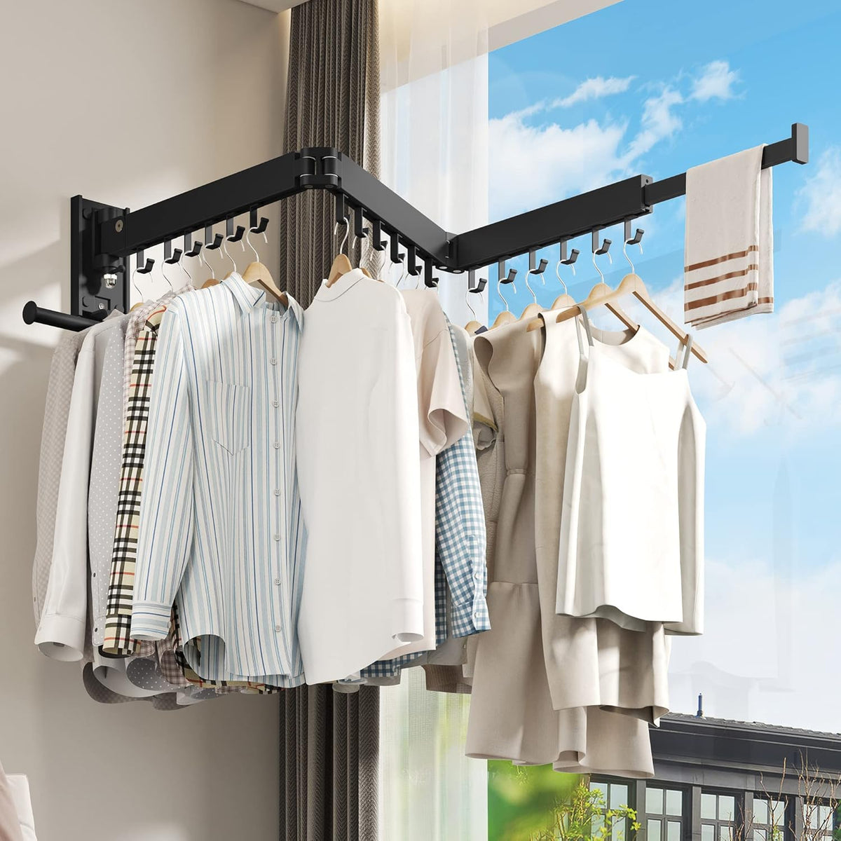 BOQORAD Drying Rack Clothing, Retractable Clothes Drying Rack,Wall Mounted Laundry Rack, Laundry Drying Rack Wall Mount,Collapsible Clothes Rack,can Fold Upward & Left & Right,Black Color