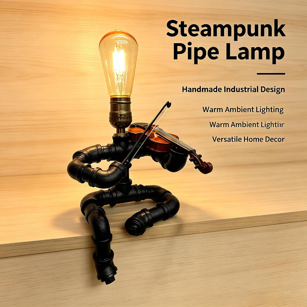 Industrial Pipe Violinist Table Lamp, Black Metal