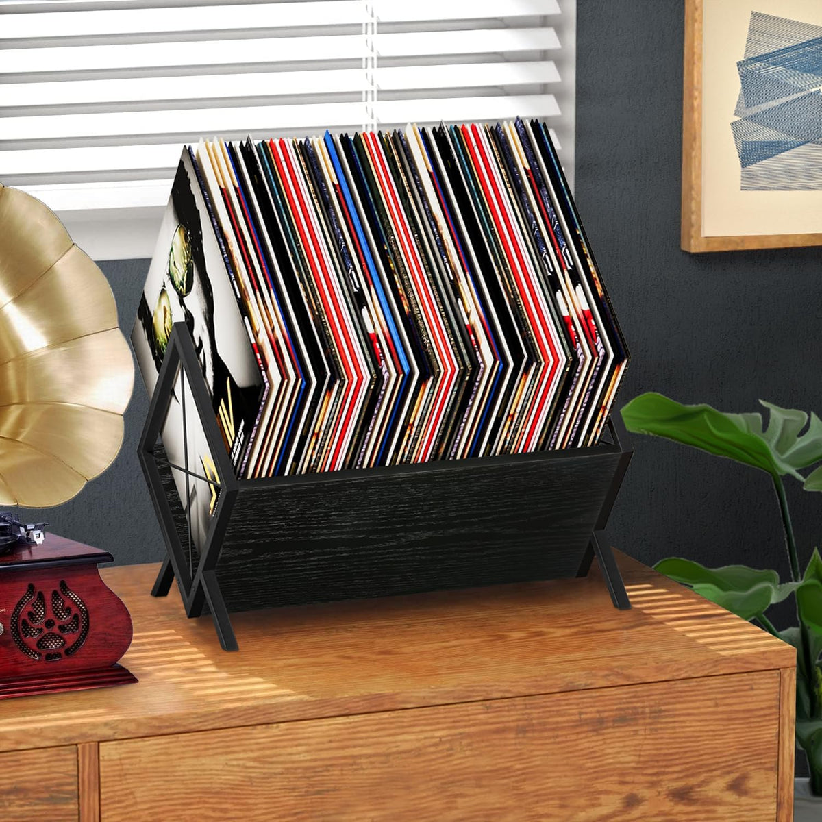 YINMIT Vinyl Record Holder - 80-100 LP Vinyl Record Storage Rack, Quick Assembly Display, Retro Style Organizer for Magazine, Book, Files, Albums (Black, 1 Tier)