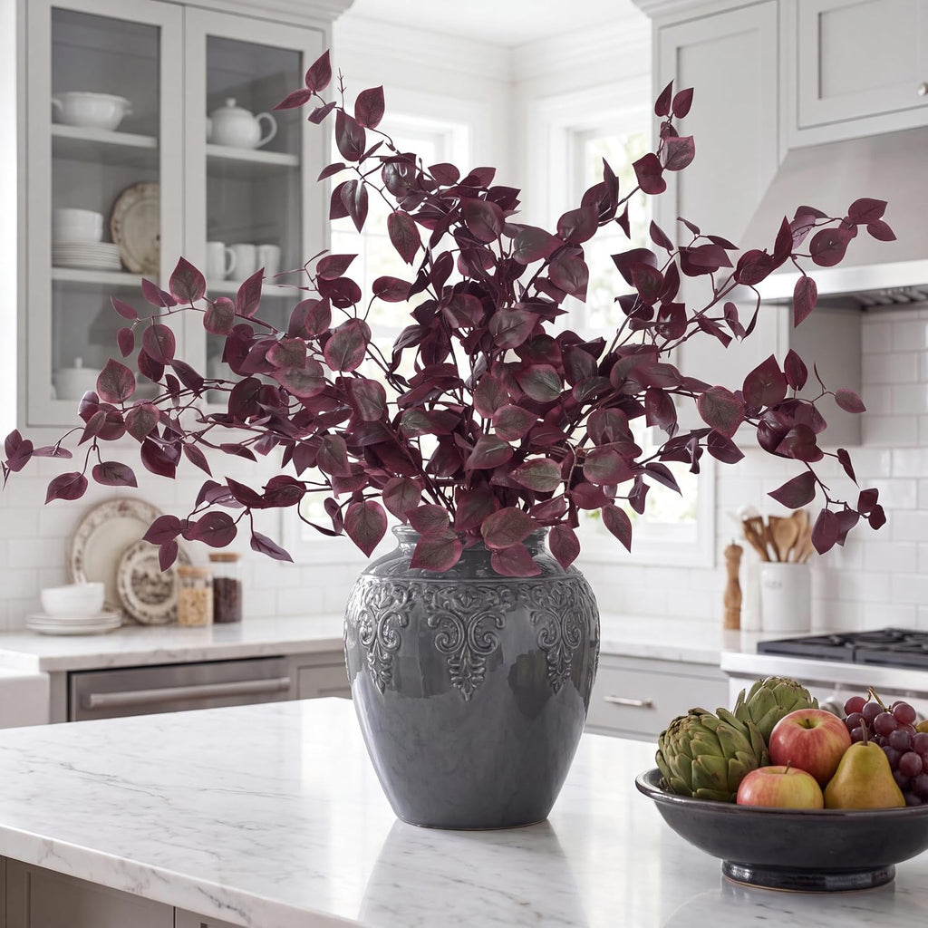 Sggvecsy 5 Pcs Artificial Eucalyptus Stems 32.7 inch Fake Red Branches with Faux Eucalyptus Leaves Silk Foliage Plants for Home Fall Autumn Thanksgiving Vase Kitchen DIY Festival Farmhouse Decor (Red)