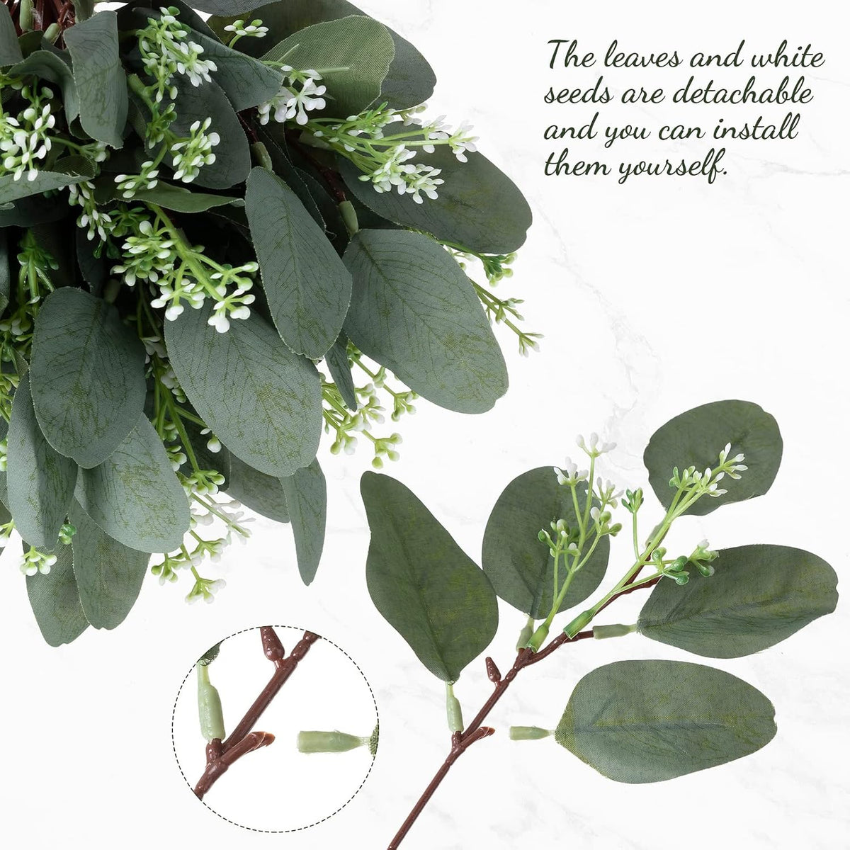 Hoteam 180 Pcs Eucalyptus Stems Decor Artificial Eucalyptus Leaves Greenery Stems Artificial Silver Dollar with White Seeds Grey Green Short Faux Leaves Branches for Wedding Bouquet Farmhouse Decor