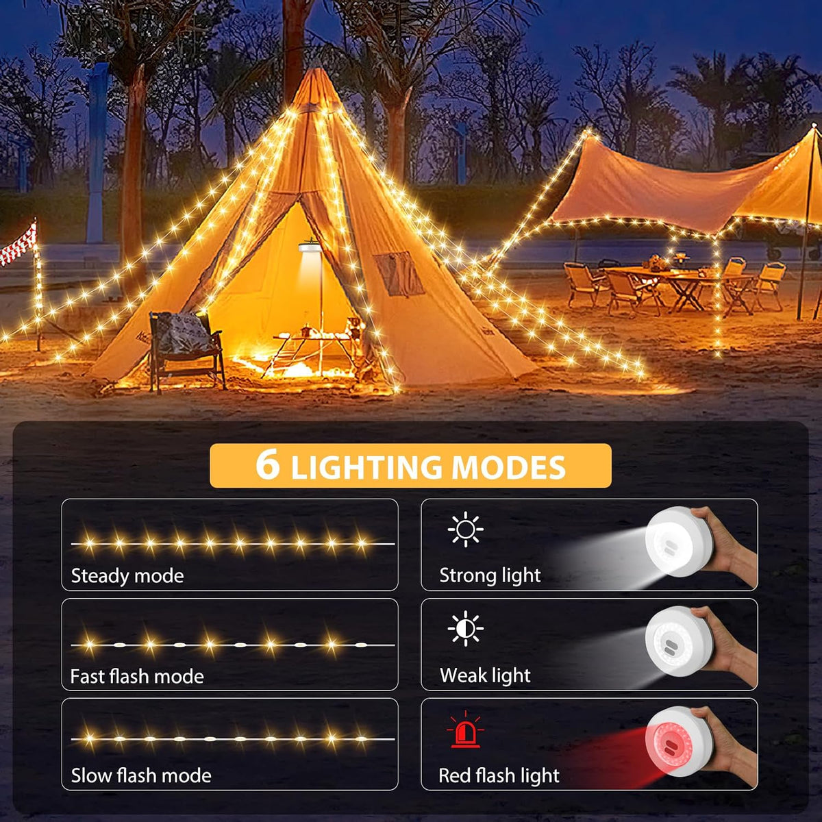 Camping String Lights, 4 in 1 Quick Storage 32.8FT 6 Modes Portable