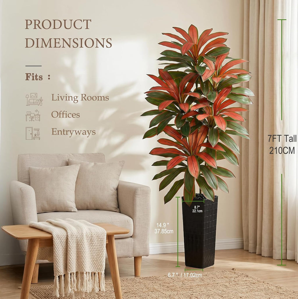 Artificial Red Dracaena Tree 7FT - Fake Tree with Black Tall Planter