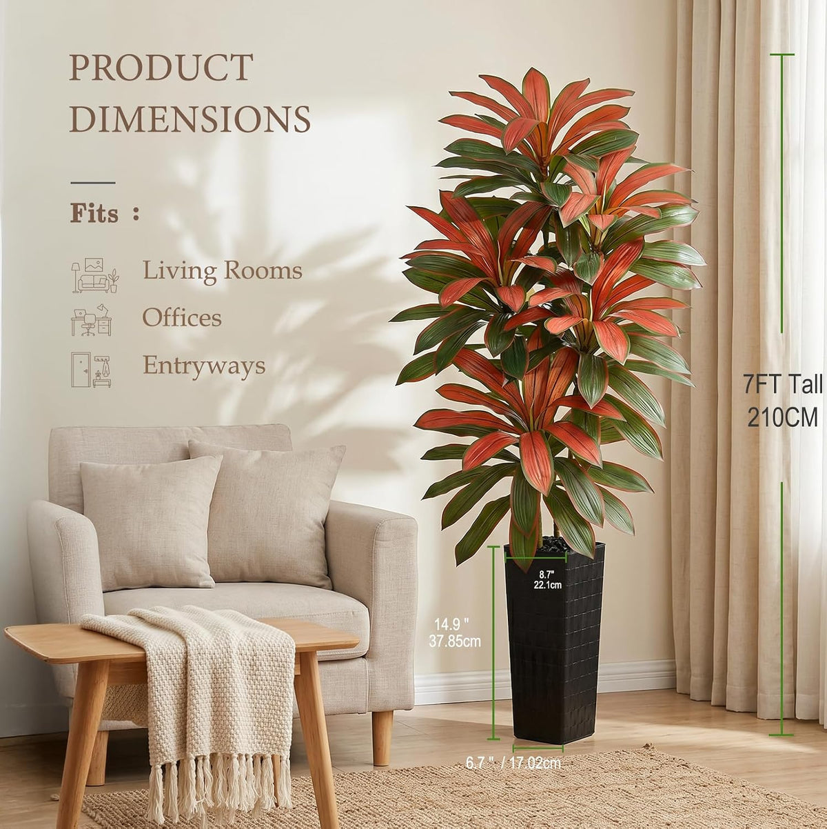 Artificial Red Dracaena Tree 7FT - Fake Tree with Black Tall Planter