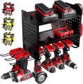 BUILTSTRONG Power Tool Organizer Wall Mount – 3-Tier Heavy-Duty Steel Rack, 6 Drill Slots, Dual Pegboard Sides, Side-by-Side Modular, 100 lb Capacity – Garage & Workshop (Black)