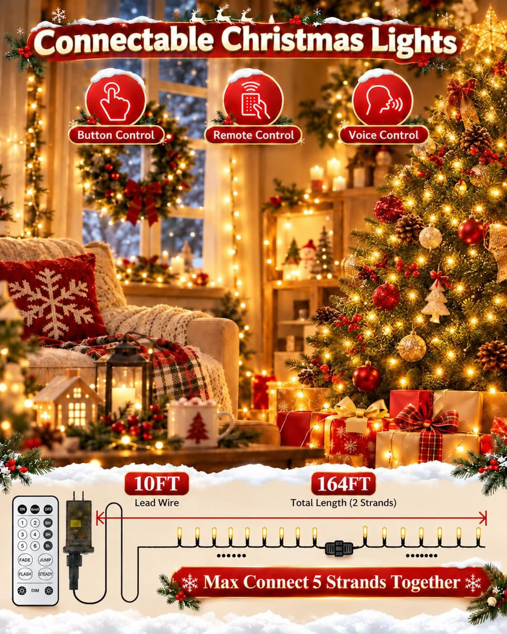 OZS Connectable 2PK 400LED, 164FT Christmas String Lights with Remote