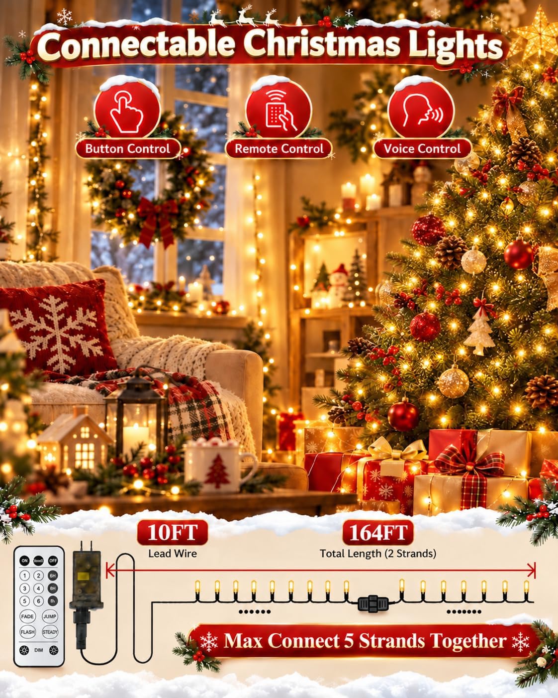 OZS Connectable 2PK 400LED, 164FT Christmas String Lights with Remote