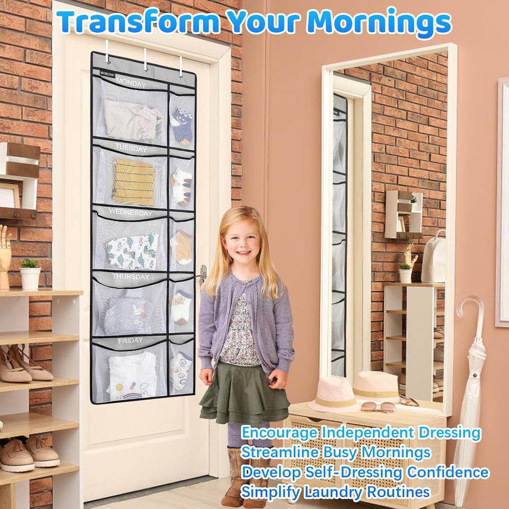 Weekly Kids Clothes Organizer - Day of Week School Clothing Organizer, Monday to Friday Time Save, No Odour, 5-Shelf Hanging Closet Storage (Grey)