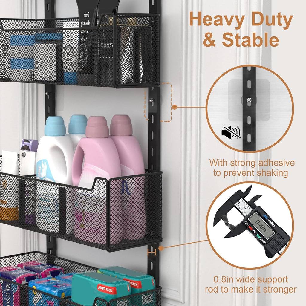 VyGrow Over The Door Organizer, Metal Door Organizer Hanging with 5 Adjustable Baskets and Coat Hook, Behind The Door Storage for Bedroom Closet Bathroom Pantry Cabinet Kitchen, Black