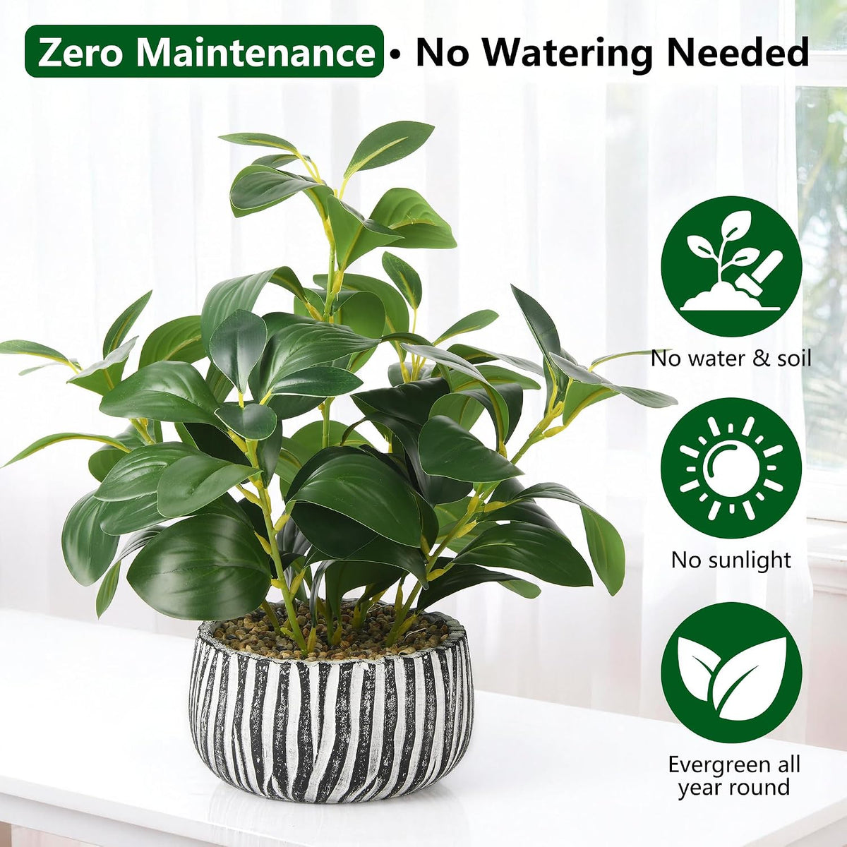 florisso Fake Plants Artificial Plants Indoor, Faux Potted Plants Indoor Artificial Succulents with Fig Leaf Look Real Greenery with Planter for Office Desk Coffee Table Home Decor(Black White)