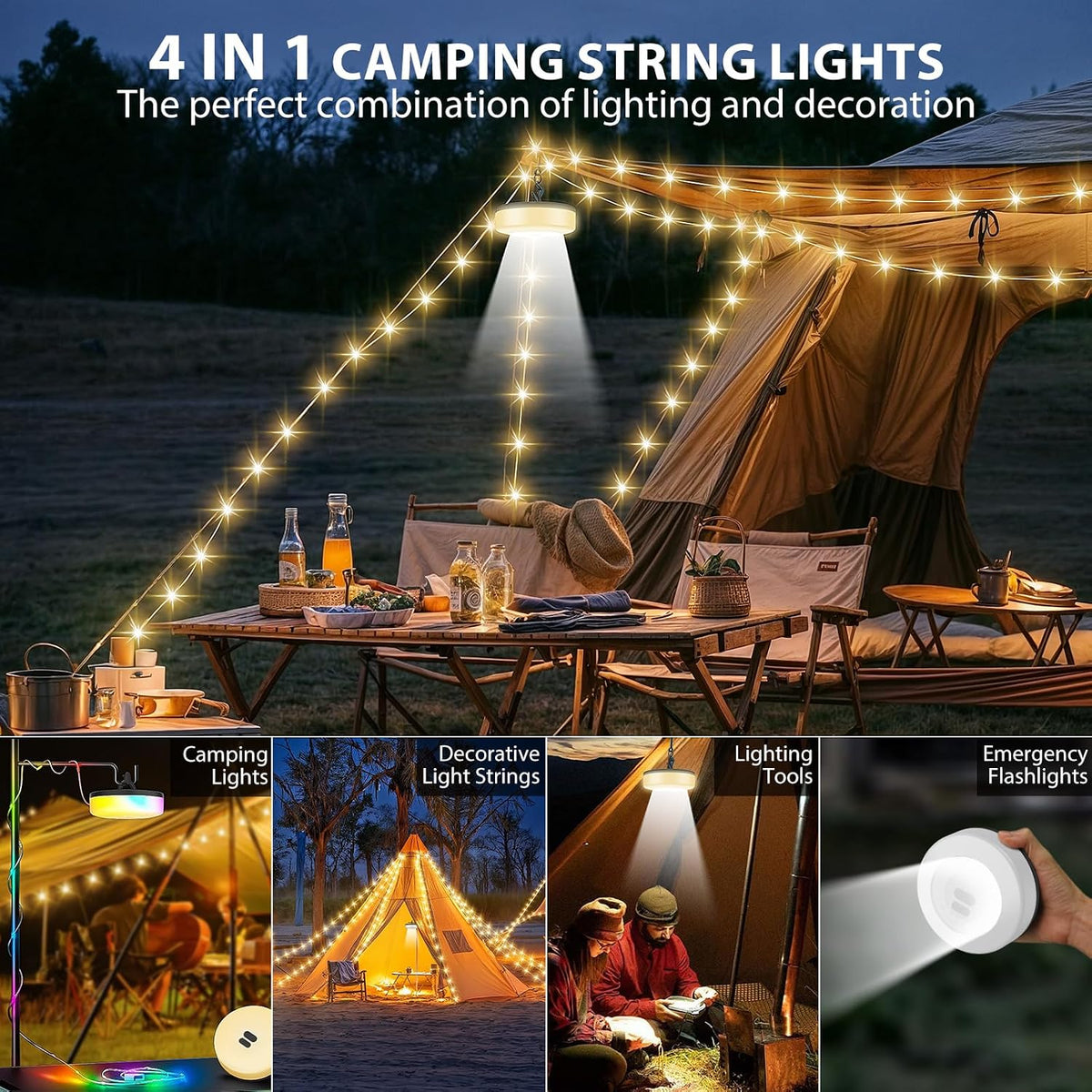 2Pack Camping String Lights, 4 in 1 Quick Storage 32.8FT 9 Modes Portable