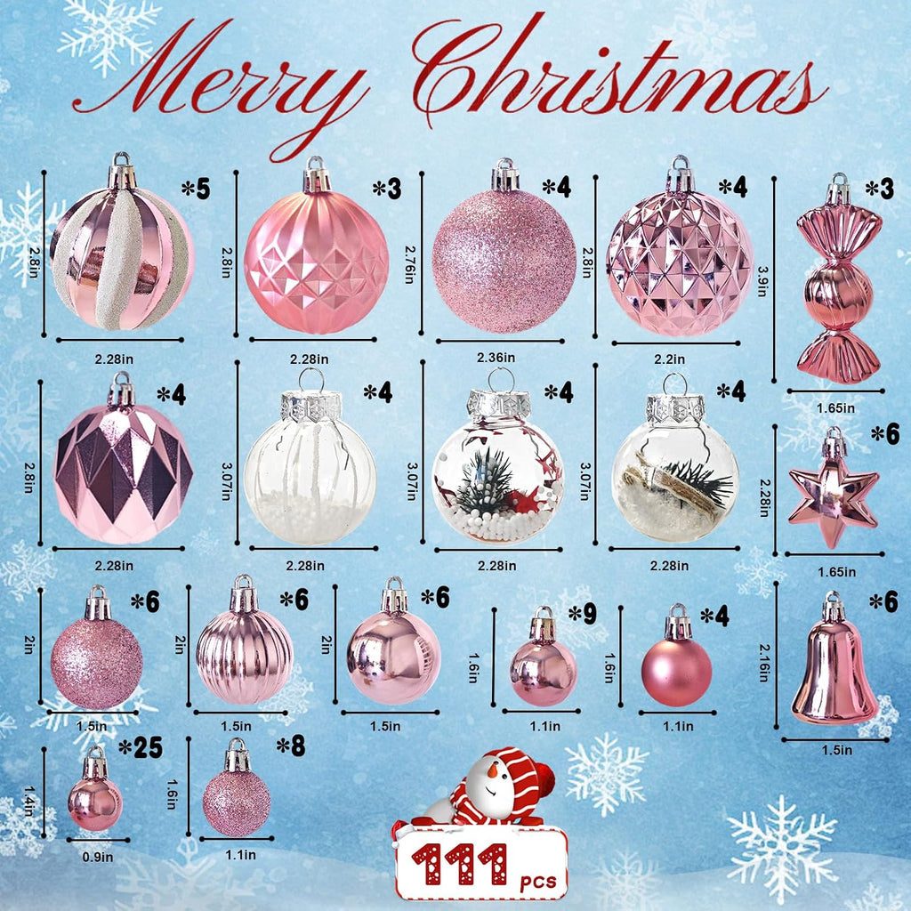 111-Pack Christmas Balls Ornaments,Assorted Shatterproof Pink Christmas Ornaments Set, Luxurious Hanging Pendants Package for Tree Party Holiday Indoor Decor