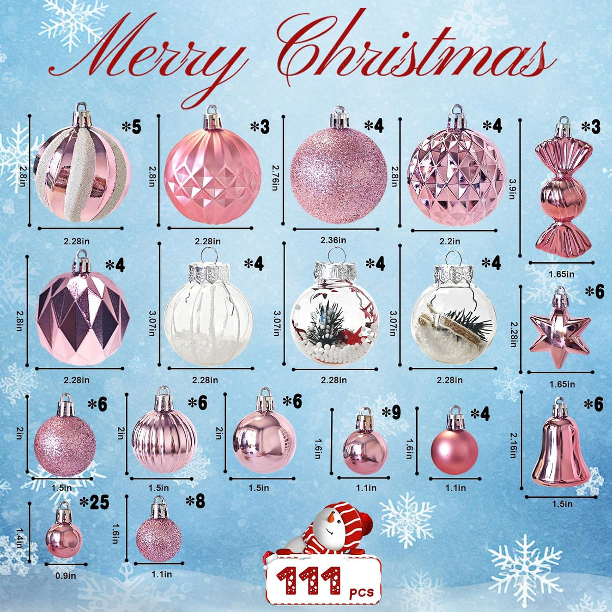 111-Pack Christmas Balls Ornaments,Assorted Shatterproof Pink Christmas Ornaments Set, Luxurious Hanging Pendants Package for Tree Party Holiday Indoor Decor