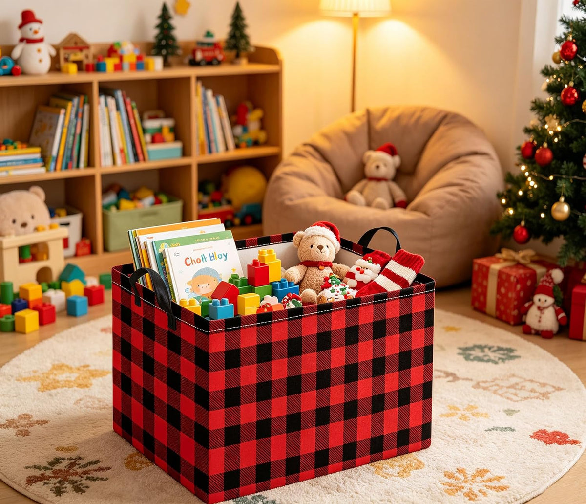 Rectangular Storage Basket for Boys Kids Basket Storage Bin Organizer Box(Red Checkered)