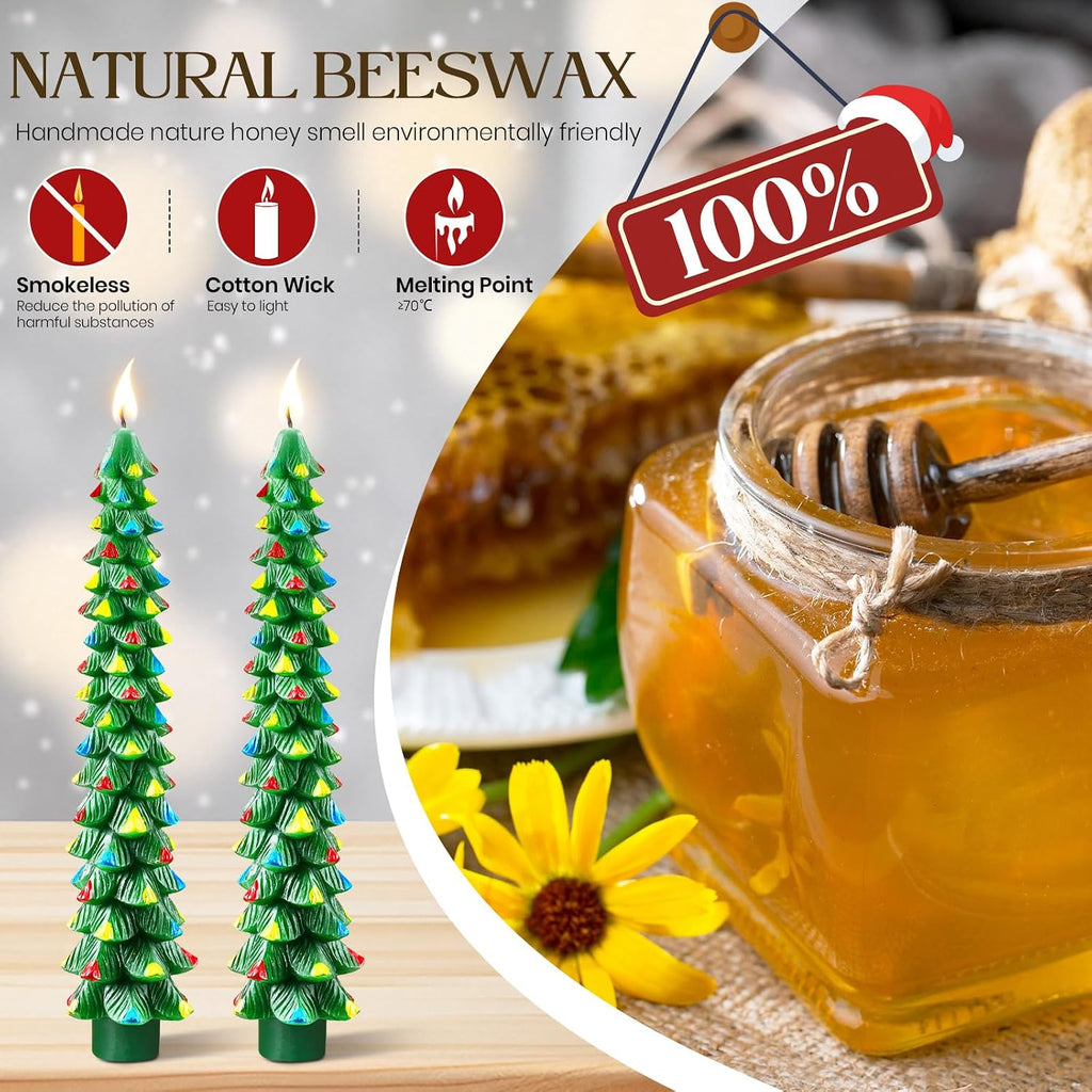 2 Pcs 10 Inch Christmas Tree Candles, Premium Natural Unscented Beeswax Christmas Tree Shaped Taper Candles with Cotton Wick, for Xmas Holiday Decor Party Banquet(Green with Multicolor Trim)