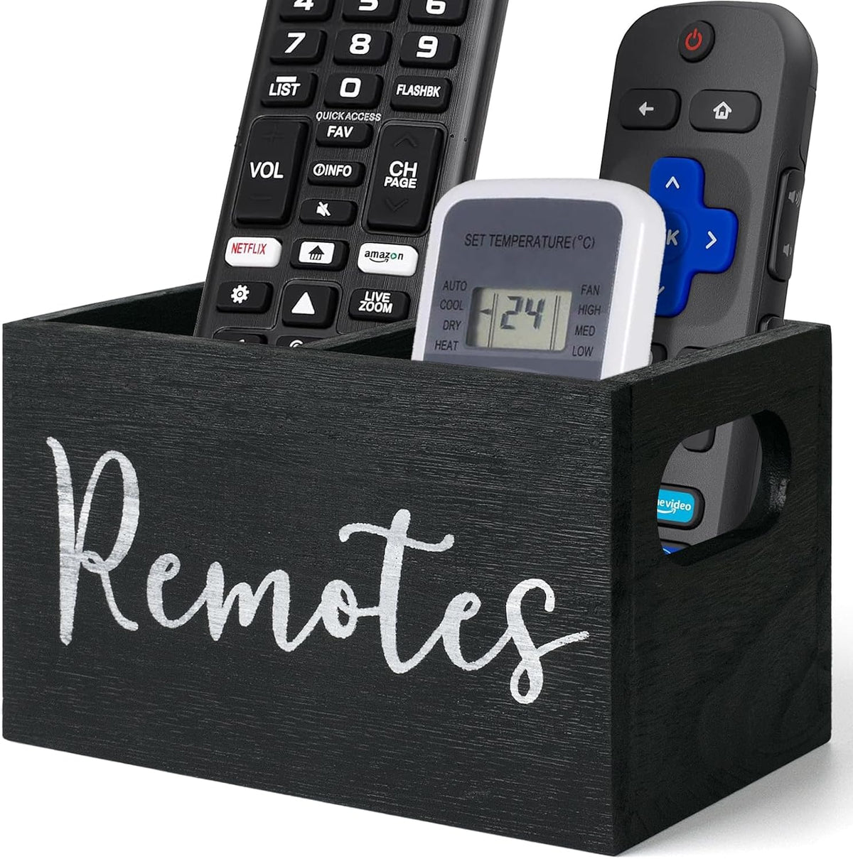 Remote Control Holder, Wooden TV Remote Holder for Table, Remote Caddy Organizer with 2 Compartments, Media Storage Box for Nightstand, Bedside (Black)