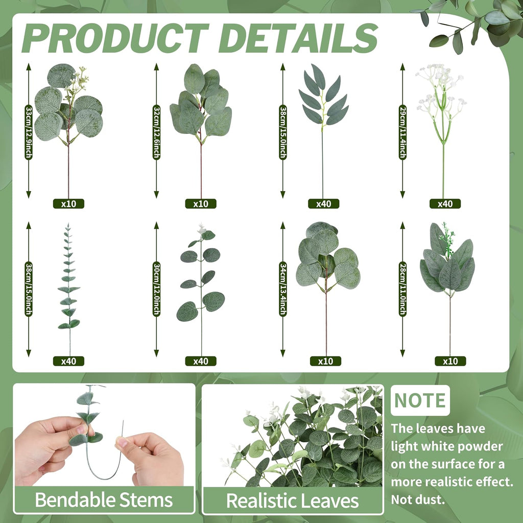 200 Pcs 8 Kinds Mixed Artificial Eucalyptus Stems Bulk Fake Silver Dollar Eucalyptus White Seeds Stems Bundle Faux Plants Greenery for DIY Bouquets Floral Arrangement Wedding Engagement Party Decor